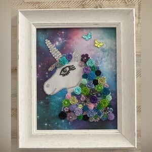 Colorful Unicorn Floral Art in White Frame